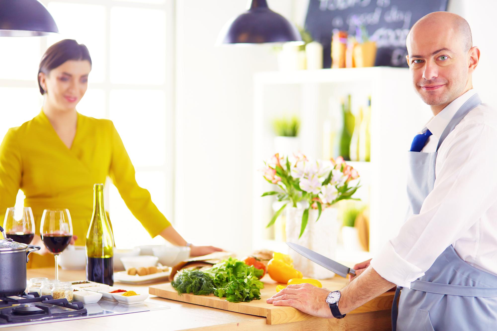 Chef team working in a bright kitchen