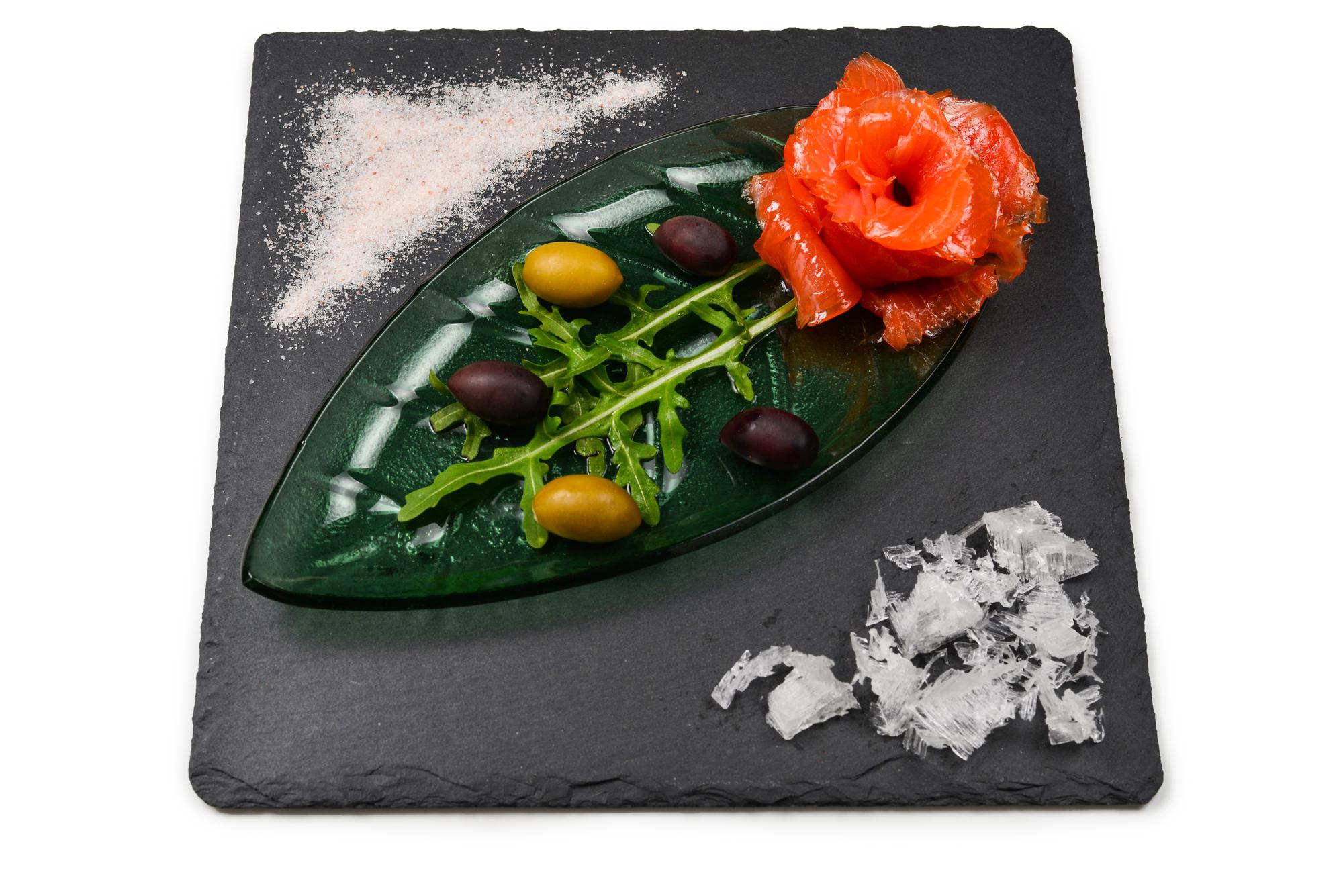 Large plated signature dish on slate